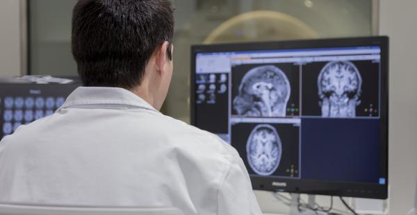 Image of scientist researching in front of the computer