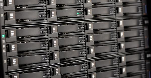 Close up of hard drives in san at large datacenter