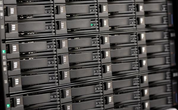 Close up of hard drives in san at large datacenter