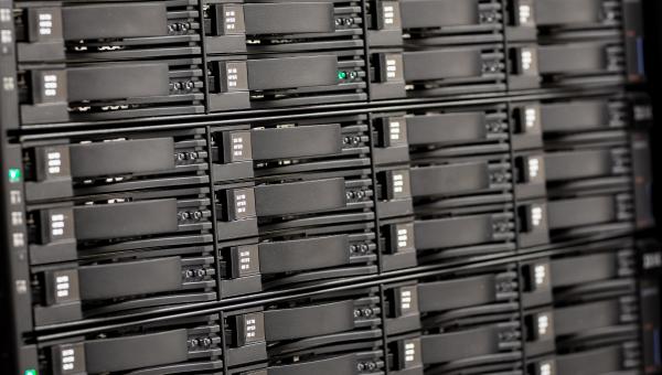 Close up of hard drives in san at large datacenter